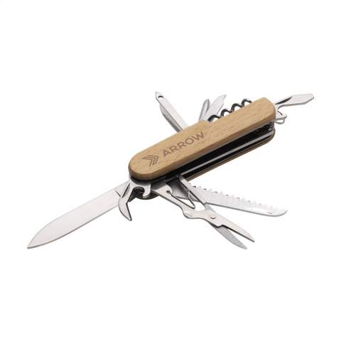 Pocket knife with beechwood handle. 8-pieces with 11 functions: knife, corkscrew, can opener, bottle opener with small screwdriver, Phillips screwdriver, scissors, file, fish scaler, hook removal tool, awl. With keyring. Please note local rules may apply regarding the possession and/or carrying of knives or multitools in public. Each item is individually boxed.
