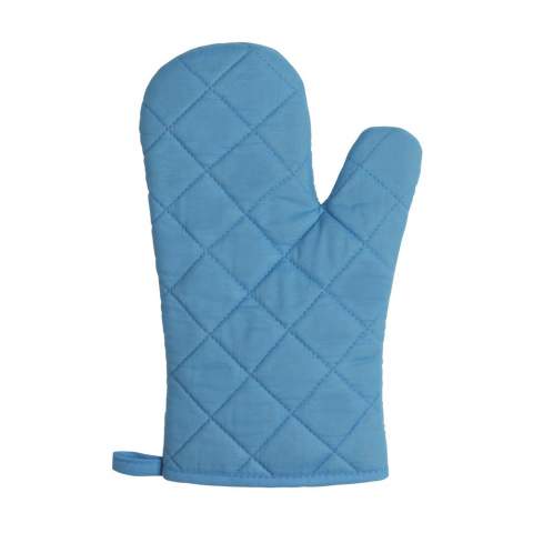 Thick oven glove made from 100% cotton. Padded and lined with flannel. Quilted on one side and provided with a hanging loop.