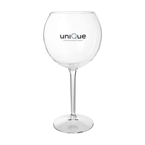 Plastic Gin-Tonic glass of the HappyGlass brand. This glass has a beautiful balloon chalice so that the traditional Gin Tonic can be served perfectly. Made from clear, transparent Tritan copolyester plastic. Virtually unbreakable and lightweight. Well suited for use on (sports) events, festivals and concerts where often there is a glass ban. This quality glass is suitable for multiple use. Washing by hand is recommended to preserve the imprint. Capacity 630 ml. Made in The Netherlands.