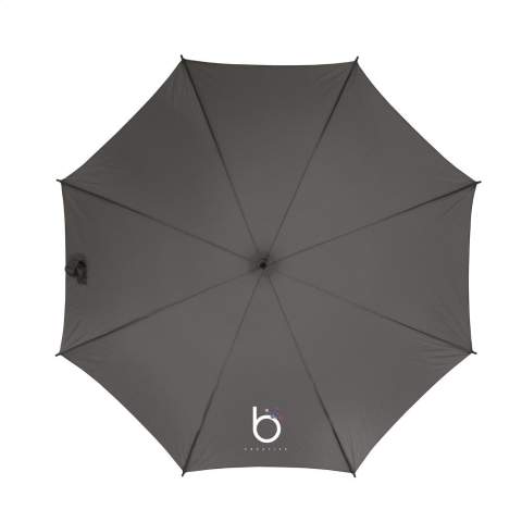 Parapluie avec ouverture automatique, toile en polyester 190T, cadre et manche en métal, poignée en bois et fermeture par bande auto-agrippante.