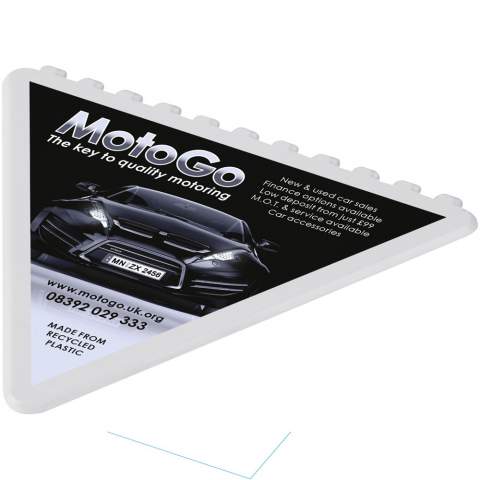 Triangular-shaped windshield scraper with a large decoration area. Each of the 3 sides can be used to remove ice from the windshield. Made in the UK from recycled plastic. The ice scraper has a speckled finish due to the nature of the recycled material.