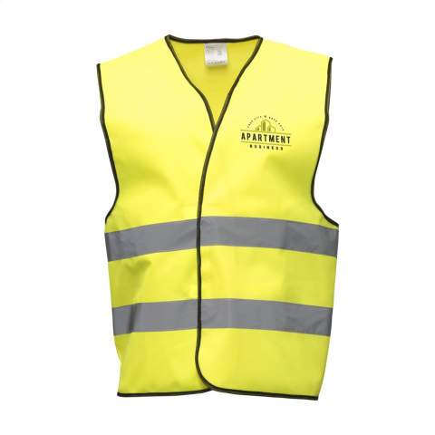 Fluorescent safety vest made of 100% tricot polyester. One size fits all, with adjustable velcro fastener. (EN-20471 Class 2). Each piece in a pouch.