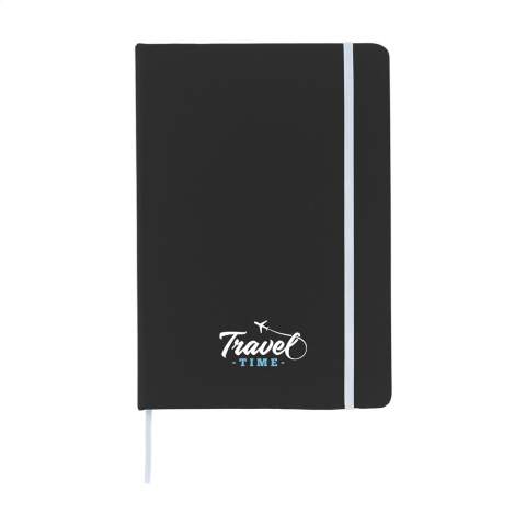 Practical and handy notebook in A5 format. With approx. 80 sheets/160 pages of cream coloured, lined paper (80 g/m²), sturdy PU cover, elastic closure and silk ribbon.