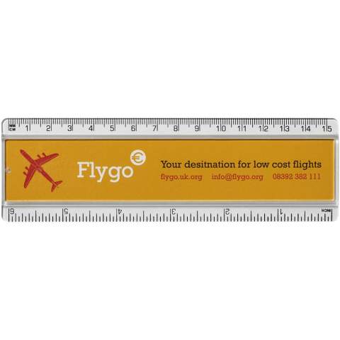Paper insert plastic ruler with both markings in inches and centimetres.