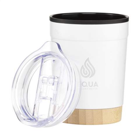 WoW! Double-walled thermos cup with recycled stainless-steel outer wall and PP inner wall. The cup has a black transparent push-on lid with a sealable drinking opening. The bamboo bottom is a striking detail, with a thickness of 1.5 cm. RCS-certificated. Total recycled material: 38%. Capacity 350 ml.  Stainless steel can be recycled an infinite number of times whilst retaining the quality of the material. By using recycled stainless steel, fewer new raw materials are needed. This means less energy consumption, less use of water and a reduction of CO2 emissions. A responsible choice. Each item is supplied in an individual brown cardboard box.
