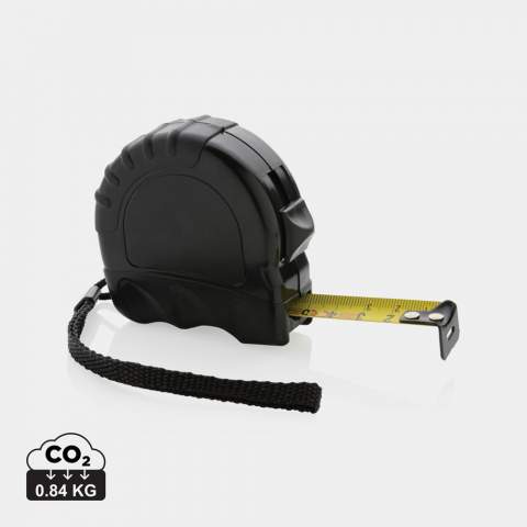 5 metre tape made with RCS (Recycled Claim Standard) certified recycled ABS. Total recycled content: 17% based on total item weight. RCS certification ensures a completely certified supply chain of the recycled materials. With deluxe TRP rubber grip for smooth grip.  With release/lock button.  With 19mm single sided tape, yellow with black carbon steel hook. With polyester wrist strap. Packed in FSC® mix kraft packaging<br /><br />TapeLengthMeters: 5.00