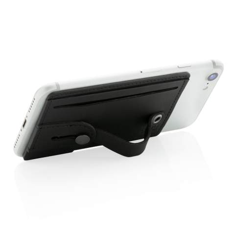 Dieser RFID Kartenhalter (für bis zu 2 Karten) schützt nicht nur Ihre Karten, denn ist der Kartenhalter durch das selbsthaftende Klebepad auf der Rückseite Ihres Smartphone angebracht, können Sie mit seiner Hilfe auch Ihr Smartphone aufstellen um z.B. Filme zu schauen oder sie nutzen das Riemchen als Tragehilfe beim Telefonieren.