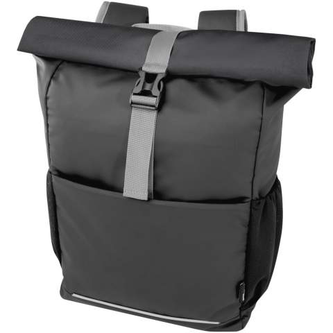 Waterbestendige fietstas met opgerolde bovenkant gemaakt van GRS-gecertificeerde gerecyclede materialen. De tas heeft een gewatteerd 15'' laptopcompartiment, meerdere opbergvakken, verstelbare klittenbandsluiting voor eenvoudige montage op verschillende fietsen en reflecterende biezen voor zichtbaarheid. De gerecyclede GRS-materialen omvatten de hoofdstof, voering, banden en ritsen. Capaciteit: 20 liter. PVC-vrij.