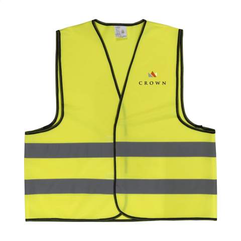 Veste de sécurité fluorescente, 100 % tricot polyester. Taille unique adaptable par bande auto-agrippante réglable. (EN-20471 classe 2). Par pièce dans un étui.