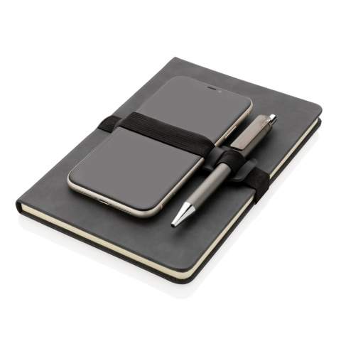 Be ready and prepared for any meeting with this deluxe hardcover PU notebook. Stylish and soft to the touch. The notebook features 80 sheets/160 pages of 70 gm/s cream coloured lined pages. The front of the notebook features a horizontal elastic strap which holds your pen and phone.<br /><br />NotebookFormat: A5<br />NumberOfPages: 160<br />PaperRulingLayout: Lined pages