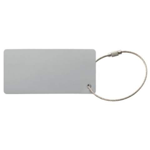 Aluminum, rectangular luggage tag with steel wire and twist lock. Comes with a card to write your personal information.
