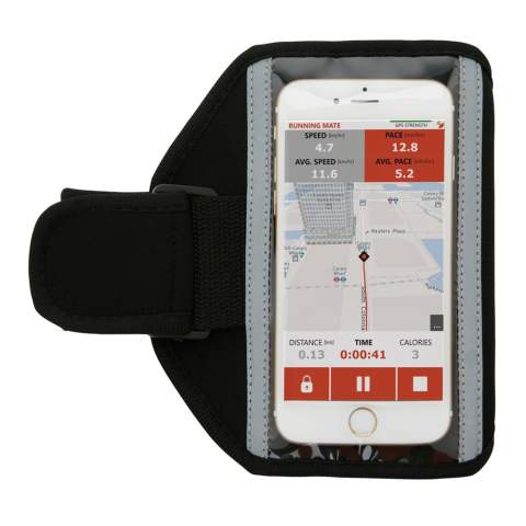 Neoprene sport armband that fits all common mobile phones (Iphone 5, 6, 7, 8, X and Xs' Samsung S6, S7, S8 and S9) so you can take them on your run or other activity. The front has a reflective strip around the window for extra visibility in the dark. The velcro can be adjusted to various sizes.