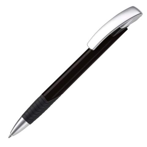 A Toppoint design modern ball pen. Unique design with hardcolour shaft and black grip. With a matt, metal tip and a silver clip.