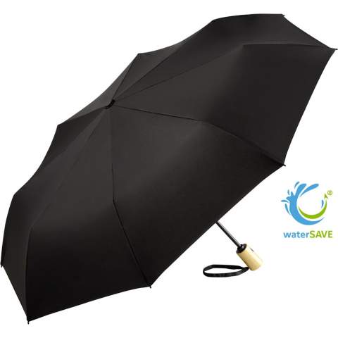 Sustainable automatic open/close pocket umbrella with a cover made of recycled plastics Convenient automatic open/close function for quick opening and closing, high-quality windproof system for maximum frame flexibility in stormy conditions, STANDARD 100 by OEKO-TEX® certified polyester pongee cover material made of recycled plastics, with waterSAVE® label on the closing strap (with new deliveries), bamboo handle with black push-button and promotional labelling option. Also available as midsize umbrella (art. 7379).