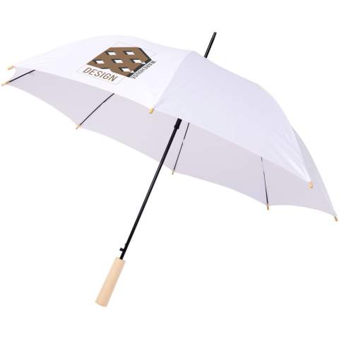 Automatische opvouwbare paraplu met een gerecyclede PET pongee polyester doek. Stevige metalen schacht en een hoogwaardig frame met glasvezel baleinen, die flexibiliteit bieden bij winderige omstandigheden. Samen met het houten handvat, de uiteinden en de gerecyclede PET pongee polyester doek is het een duurzamere keuze. Verkrijgbaar in een breed scala aan eigentijdse kleuren met een groot decoratieoppervlak op elk van de panelen.