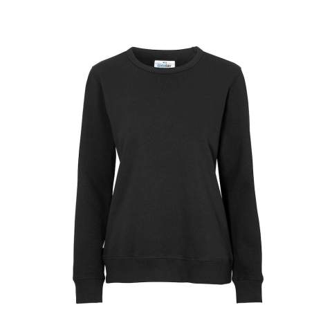 Sweater met ronde hals en decoratieve flatlock naden aan de schouders en armopening. Kruis in flatlock onder de kraag en ribboord aan de hals, manchetten en de zoom onderaan. Dames-model.