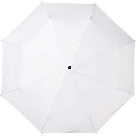 Automatische opvouwbare paraplu met een gerecyclede PET pongee polyester doek. Stevige metalen schacht en een hoogwaardig frame met glasvezel baleinen, die flexibiliteit bieden bij winderige omstandigheden. Samen met het houten handvat, de uiteinden en de gerecyclede PET pongee polyester doek is het een duurzamere keuze. Verkrijgbaar in een breed scala aan eigentijdse kleuren met een groot decoratieoppervlak op elk van de panelen.