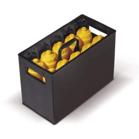 Plastic sports bottle crate for ten bottles, with two integrated handles and one handle in the middle. These crates are stackable and made of really good quality plastic. Printing not possible on this item. Bottles not included.