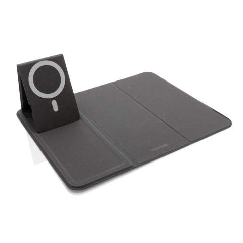 Flat and foldable 10W wireless charger mousepad. The PU material charger can be used both flat and as a stand. The whole mousepad can be folded so is easy to bring anywhere you go. The 10W wireless charger is compatible with all QI devices (Iphone 8 and up and Android devices) Type-C input 9V/2A; Wireless Output 9V/1.1A; Type-C output 9V/2A; Including PVC free TPE charging cable. 19 pcs high quality N52H heat resistant magnets integrated. Registered design. Including 120 cm PVC free TPE material type C cable. Registered design<br /><br />WirelessCharging: true