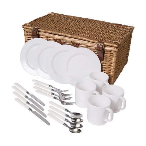 Willow picnic basket with picnic accessories for 4 people: 4 ceramic plates, 4 plastic mugs and stainless steel cutlery. Incl. 2 removable cooler bags. Each item is individually boxed.