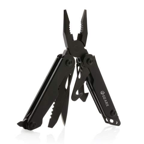 A luxury powerhouse, that is how this tool can be described best. The most versatile and durable tool for you daily jobs both in the house and outdoors. The luxury aluminum body is matched with premium grade 420 stainless steel tools all in solid black. The durable tools are made to last a long time. The 13 functions include: Knife (with lock), file, saw, large slotted screwdriver (with lock), Philips screw driver, slotted screwdriver, pliers, standard pliers, wire cutter, bottle opener, screw driver, seat belt cutter, box cutter.  This multifunctional tool is ready for use when you need it. Packed in luxury gift box. Hardness level of tools 40-45 HRC.