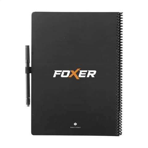 Cahier effaçable de Bambook Classic Original au format A4. Avec une couverture solide et pliable en carton certifié FSC imprimé d'un subtil motif de bambou et 20 feuilles/40 pages de papier ligné effaçable. Écrivez avec le marqueur spécial sur les pages du tableau blanc, scannez vos notes avec l'application Bambook et essuyez vos pages pour les réutiliser avec un chiffon humide. Avec reliure en spirale et boucle pour stylo. Comprend un stylo avec une gomme. Le carnet est fait à la main. Fabriqué en Hollande.