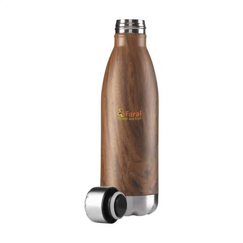 Double-walled, vacuum-insulated, stainless steel water bottle. With leakproof screw top. This elegant model has a striking, attractive top layer with a wood grain pattern. Suitable for maintaining the temperature of cold or hot water. Capacity 500 ml. Each item is individually boxed.