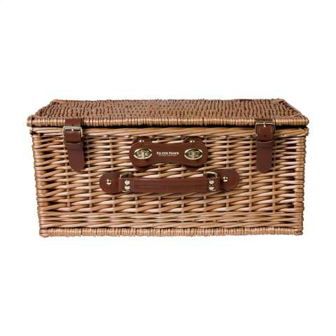 Willow picnic basket with picnic accessories for 4 people: 4 ceramic plates, 4 plastic mugs and stainless steel cutlery. Incl. 2 removable cooler bags. Each item is individually boxed.