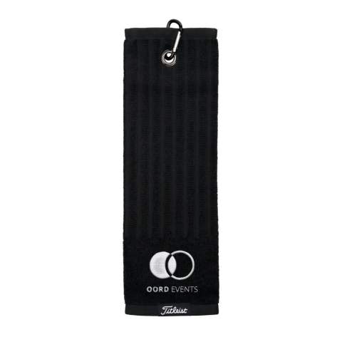 500 g cotton golf towel folded thrice with carabiner, size 14 x 42 cm