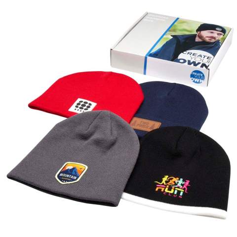 Beanies sample box with 3 beanies in different styles: 1 double layer with cuff, 1 double layer with trim, and 1 double layer 6 seam. 