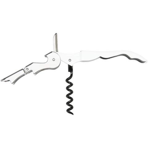 Roestvrijstalen sommeliermes met een gekleurde behuizing, met een kurkentrekker, foliesnijder en flesopener. Door de tweestapsconstructie is het gemakkelijk om de kurk uit de fles te trekken.