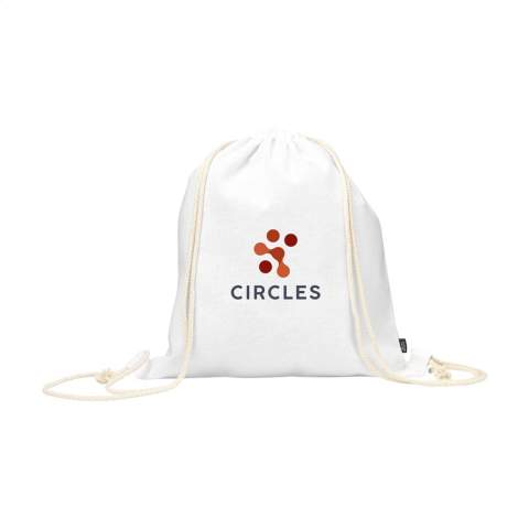WoW! Drawstring backpack made from 80% recycled cotton and 20% recycled polyester (150 g/m²). GRS-certified. Total recycled material: 100%. Capacity approx. 7 litres.