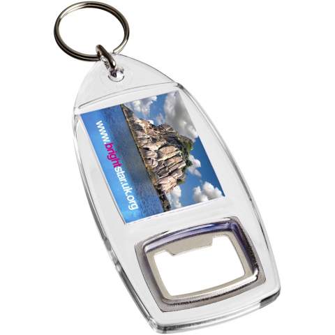 Clear R1 keychain with bottle opener and metal split keyring. The metal looped ring offers a flat profile which is ideal for mailings. Print insert dimensions: 4,0 cm x 3,2 cm.