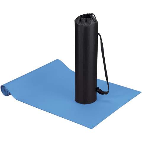 Comfortable yoga and fitness mat with diamond pattern and non-slip surface. Includes polyester carrying pouch with drawstring closure and adjustable shoulder strap. Mat size: 60x170x0.5cm.