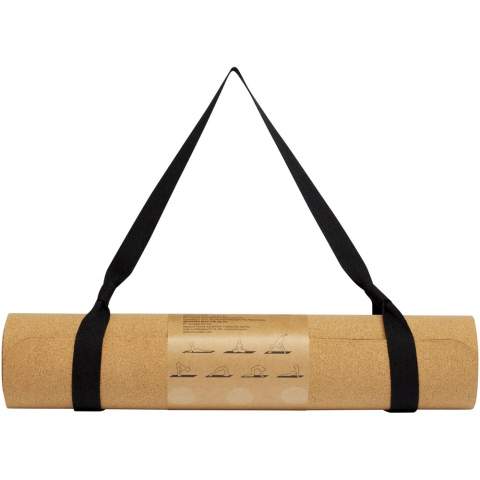 Yoga mat made from cork offering stability and prevents slipping, making it easier to maintain yoga poses with confidence. Cork is a natural material derived from the bark of cork oak trees. It is often used in various products due to its unique properties, such as being lightweight, durable, more sustainable and providing a non-slip surface. It has a natural texture that provides excellent grip, even when the mat becomes slightly moist from sweat during yoga practice. Size: 183 x 60 x 0.3 cm. The strap is made of polyester and the sleeve is made of recycled kraft paper. 