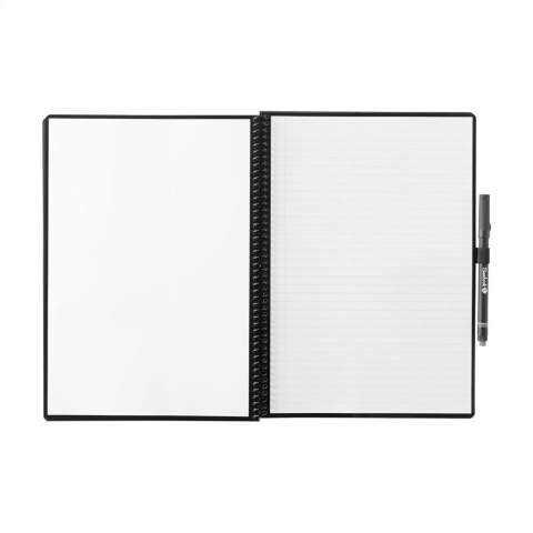 Cahier effaçable de Bambook Classic Original au format A4. Avec une couverture solide et pliable en carton certifié FSC imprimé d'un subtil motif de bambou et 20 feuilles/40 pages de papier ligné effaçable. Écrivez avec le marqueur spécial sur les pages du tableau blanc, scannez vos notes avec l'application Bambook et essuyez vos pages pour les réutiliser avec un chiffon humide. Avec reliure en spirale et boucle pour stylo. Comprend un stylo avec une gomme. Le carnet est fait à la main. Fabriqué en Hollande.