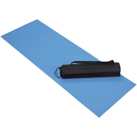 Comfortable yoga and fitness mat with diamond pattern and non-slip surface. Includes polyester carrying pouch with drawstring closure and adjustable shoulder strap. Mat size: 60x170x0.5cm.