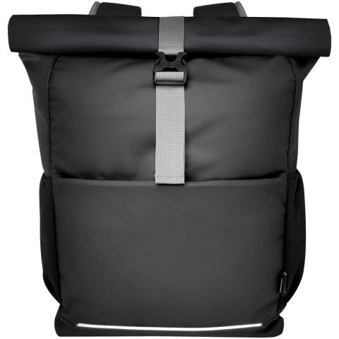 Waterbestendige fietstas met opgerolde bovenkant gemaakt van GRS-gecertificeerde gerecyclede materialen. De tas heeft een gewatteerd 15'' laptopcompartiment, meerdere opbergvakken, verstelbare klittenbandsluiting voor eenvoudige montage op verschillende fietsen en reflecterende biezen voor zichtbaarheid. De gerecyclede GRS-materialen omvatten de hoofdstof, voering, banden en ritsen. Capaciteit: 20 liter. PVC-vrij.