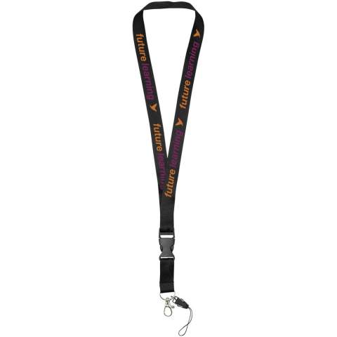 Sagan lanyard with detachable buckle, phone holder.The multi-function lanyard offering a detachable buckle, hook clip and a phone holder. In a wide range of colours with impressive logo sizes the most complete offering available.
