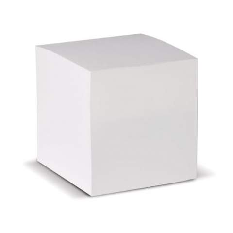 Kubusblok met wit papier. Circa 730 houtvrije vellen van 90g/m². Enkelbladsbedrukking mogelijk. Wordt per stuk geseald.