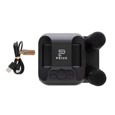 Chantez, dansez et amusez-vous avec ce set karaoké de qualité comprenant deux microphones qui vous permet de chanter en stéréo avec vos meilleurs amis. L'enceinte et le micro sont livrés avec une station de chargement par induction afin que vous puissiez charger les trois facilement en même temps. L'enceinte 5W est livré avec une batterie de 2000 mAh pour une autonomie de 6 heures. L'enceinte prend également en charge les cartes TF et USB pour la musique. Lorsque vous utilisez les microphones, vous pouvez vous éloigner jusqu'à 10 mètres de l'enceinte. L’enceinte est fabriquée en ABS recyclé certifié RCS (Recycled Claim Standard). Contenu recyclé total: 53 % sur la base du poids total de l'article. La certification RCS garantit une chaîne d'approvisionnement entièrement certifiée pour les matériaux recyclés. Sans PVC. Emballé dans un emballage FSC mix.<br /><br />NumberOfSpeakers: 1<br />SpeakerOutputW: 5.00<br />PVC free: true