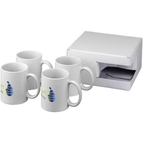 Gift set of four ceramic 330 ml mugs. Presented in a white gift box with see-through window.