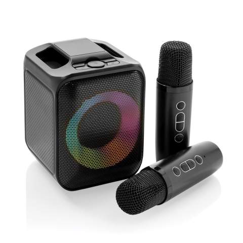 Chantez, dansez et amusez-vous avec ce set karaoké de qualité comprenant deux microphones qui vous permet de chanter en stéréo avec vos meilleurs amis. L'enceinte et le micro sont livrés avec une station de chargement par induction afin que vous puissiez charger les trois facilement en même temps. L'enceinte 5W est livré avec une batterie de 2000 mAh pour une autonomie de 6 heures. L'enceinte prend également en charge les cartes TF et USB pour la musique. Lorsque vous utilisez les microphones, vous pouvez vous éloigner jusqu'à 10 mètres de l'enceinte. L’enceinte est fabriquée en ABS recyclé certifié RCS (Recycled Claim Standard). Contenu recyclé total: 53 % sur la base du poids total de l'article. La certification RCS garantit une chaîne d'approvisionnement entièrement certifiée pour les matériaux recyclés. Sans PVC. Emballé dans un emballage FSC mix.<br /><br />NumberOfSpeakers: 1<br />SpeakerOutputW: 5.00<br />PVC free: true