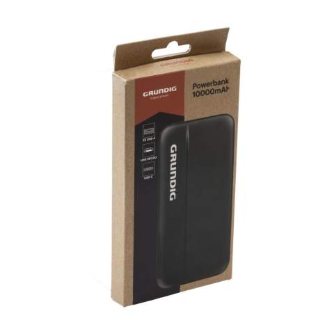 Gardez votre smartphone, votre tablette ou votre smartwatch chargés grâce à ce powerbank de Grundig. Le powerbank a une puissance de 10000 mAH et une batterie Li-polymère. Il est doté d'un boîtier en ABS et d'un voyant lumineux. Équipé de 4 ports USB : deux USB-A, un micro-USB et une entrée USB-C. Entrée et sortie Type-C : 5V/2A, 9V/2A, 12V/1,5A. Compatible avec tous les appareils mobiles prenant en charge la recharge sans fil QI. Comprend un câble USB-A/USB-C et un mode d'emploi. Par pièce dans un emballage certifié FSC®.