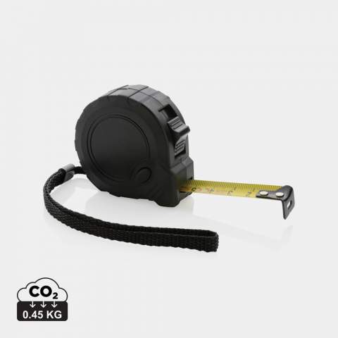 3 metre tape made with RCS (Recycled Claim Standard) certified recycled ABS. Total recycled content: 17% based on total item weight. RCS certification ensures a completely certified supply chain of the recycled materials. With deluxe TRP rubber grip for smooth grip.  With release/lock button and extra hold button on the side.  With 16mm single sided tape, yellow with black carbon steel hook. With polyester wrist strap. Packed in FSC® mix kraft packaging<br /><br />TapeLengthMeters: 3.00