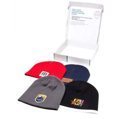 Beanies sample box with 3 beanies in different styles: 1 double layer with cuff, 1 double layer with trim, and 1 double layer 6 seam. 