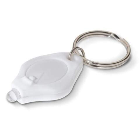 Kleiner Schlüsselanhänger aus Kunststoff mit Taschenlampe.