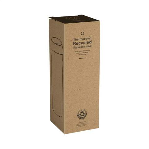 WoW! Doppelwandige, auslaufsichere Thermobecher aus recyceltem Edelstahl, mit Schraubverschluss. Mit nur einem Druck auf den Knopf öffnet und schließt sich der Verschluss. Nicht spülmaschinengeeignet. RCS-zertifiziert. Gesamtes recyceltes Material: 84%. Fassungsvermögen 450 ml.     Edelstahl kann viele Male recycelt werden – die Qualität des Materials bleibt dabei weitgehend erhalten. Durch die Verwendung von recyceltem Edelstahl kommt eine geringere Menge an neuen Rohstoffen zum Einsatz. Das bedeutet weniger Energieverbrauch und weniger Wasserverbrauch. Wird einzeln in einem Kraftkarton geliefert.