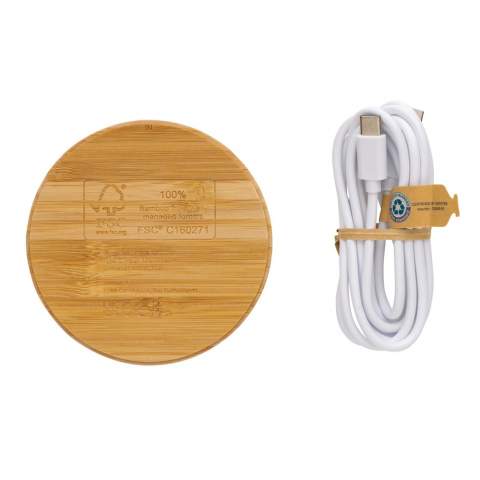 Ultra-fast 15W wireless charger with complete FSC® 100% bamboo exterior. Wireless charging compatible with Android latest generations, iPhone 8 and up. Item and accessories PVC free. Including 150 cm type C charging cable made from RCS certified recycled TPE. Packed in FSC® mix kraft box. Type-C in; Input 5V/2A; 9V/2A;12V/1.5A; Wireless output 5V/1A;9V/1.1A; 9V/1.67A (15W)<br /><br />WirelessCharging: true<br />PVC free: true