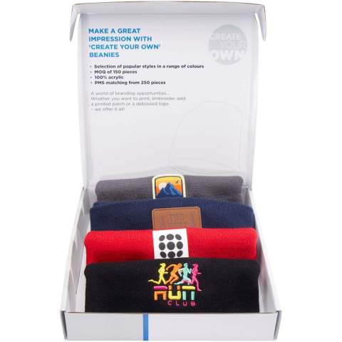 Beanies sample box with 3 beanies in different styles: 1 double layer with cuff, 1 double layer with trim, and 1 double layer 6 seam. 